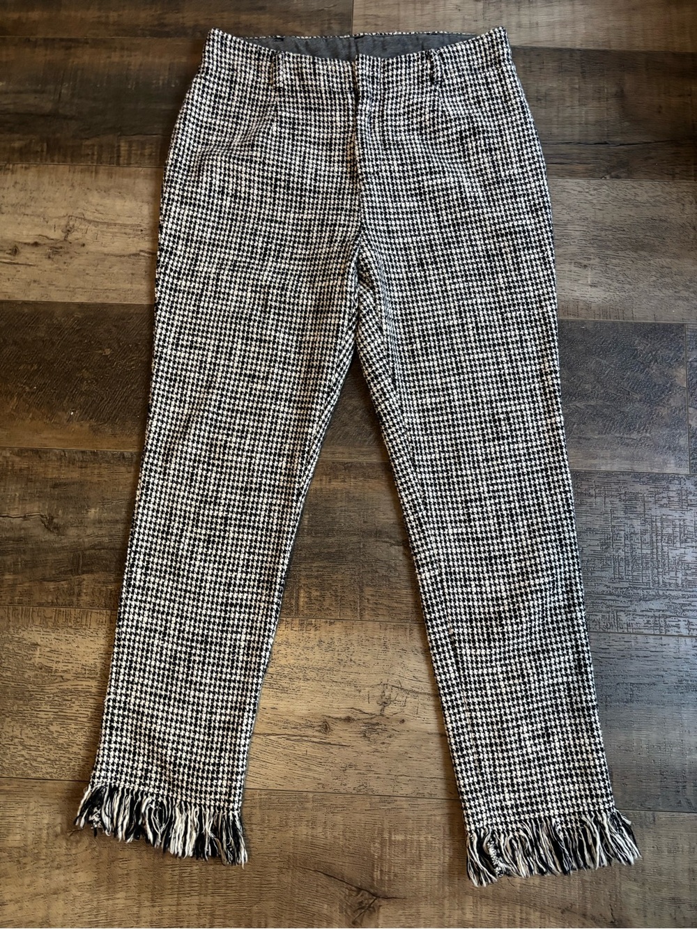 Free People Black & White Houndstooth Fringe-Hem Pants